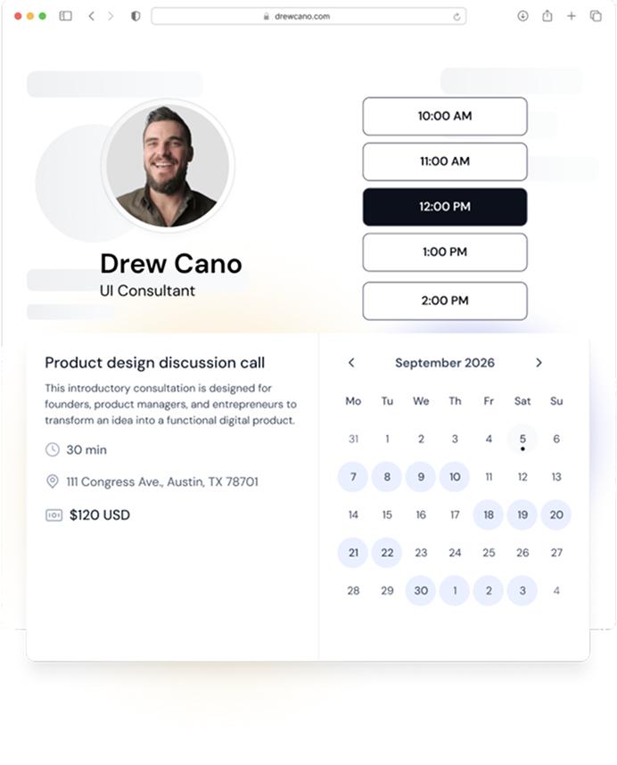 Embedded booking flow: calendar, time slots and payment on a client website