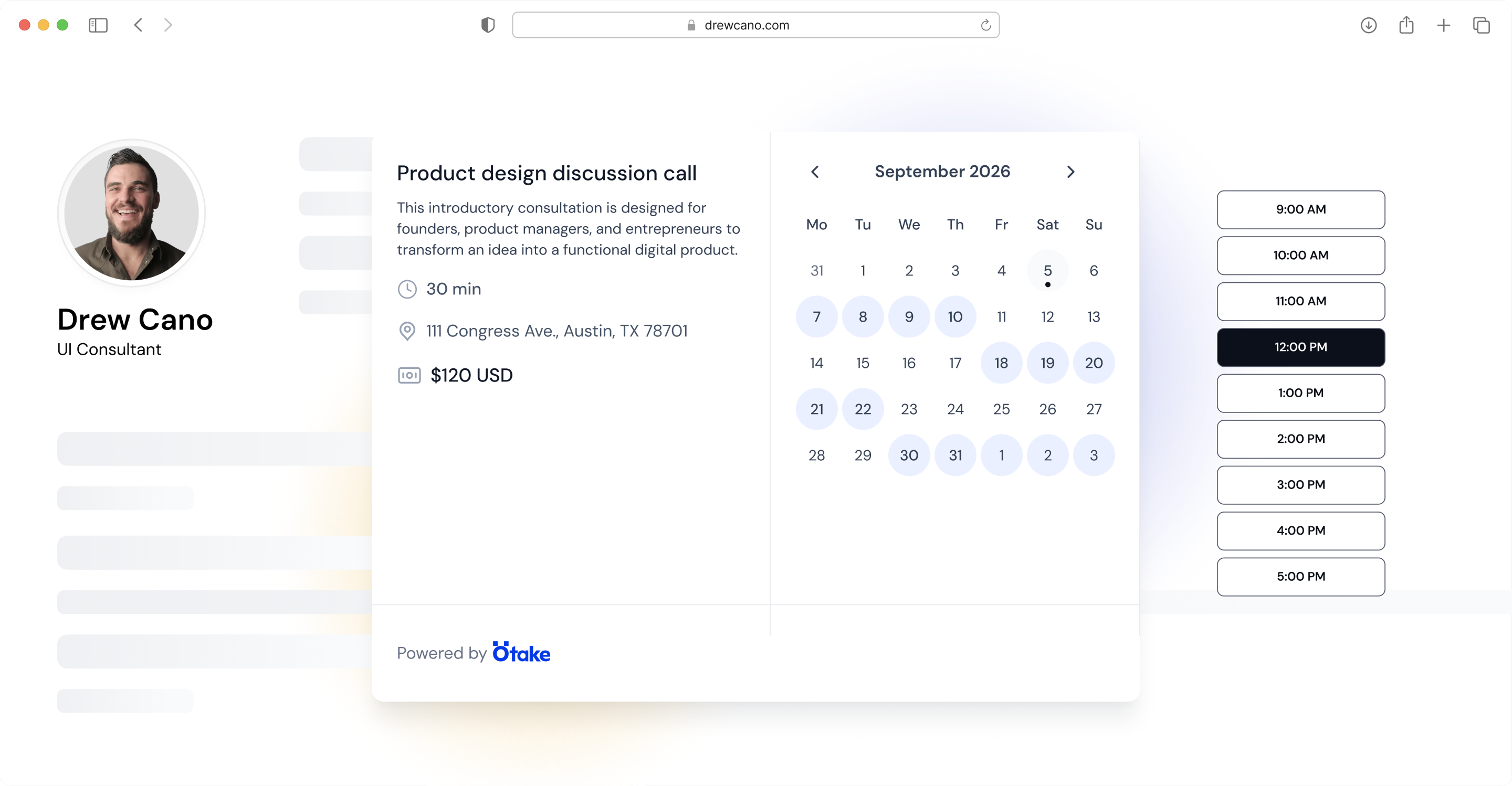 Embedded booking flow: calendar, time slots and payment on a client website