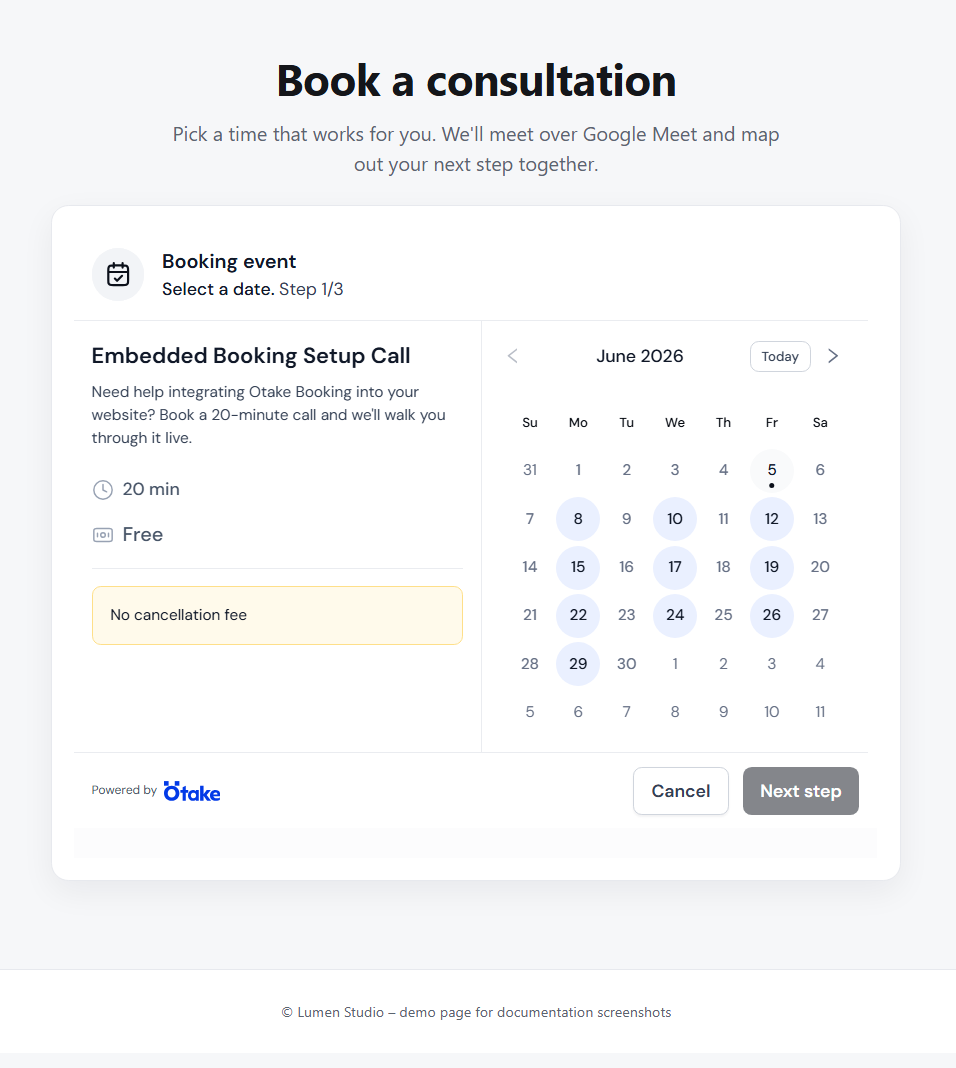 The Otake booking widget embedded on a website.